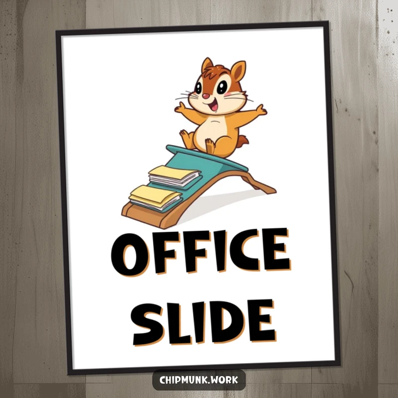 Funny chipmunk sliding down a ramp made of file folders with glee, presented as humorous office wall art on this poster.