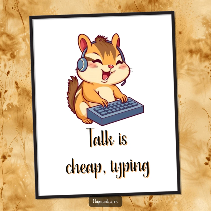 Funny chipmunk wearing a headset, typing furiously on a miniature keyboard, presented as humorous wall art for gamers.