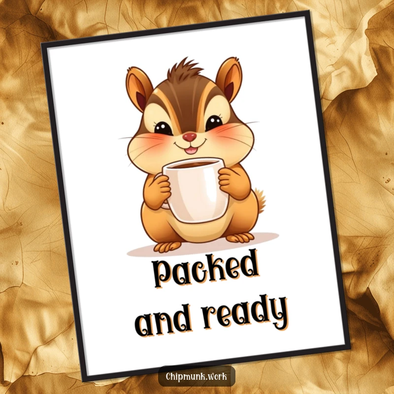 Funny poster art of a happy chipmunk character offering a small coffee mug with a big smile. Charming and humorous wall decor.