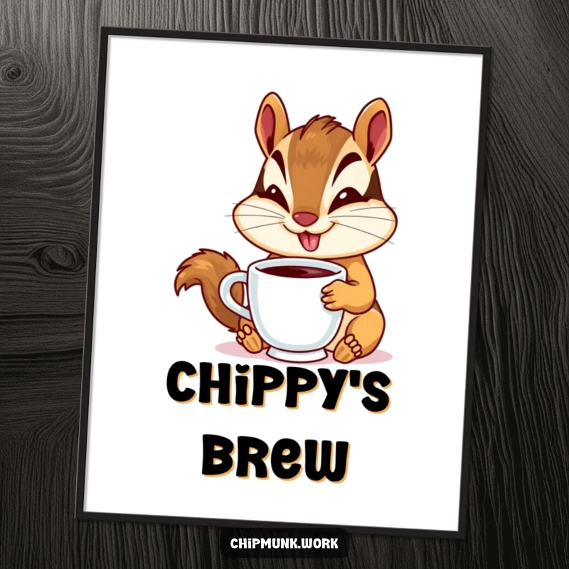 Funny chipmunk poster print featuring a chipmunk with a goofy smile, sipping from a small coffee cup, adding humor to walls.