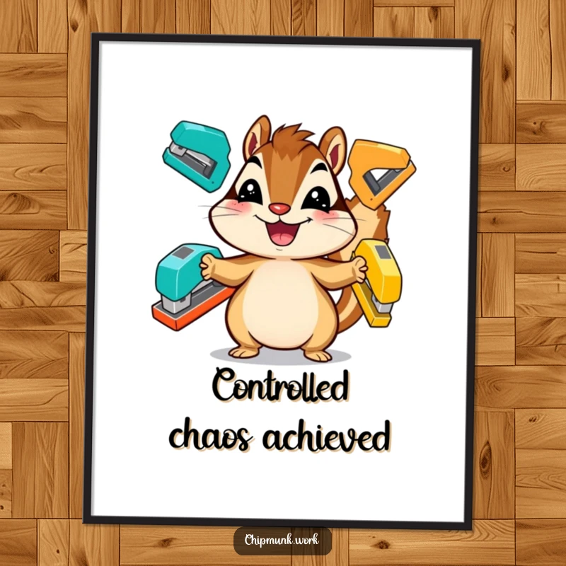 Funny chipmunk poster, a grinning animal adeptly juggling three colorful staplers, humorous wall art.