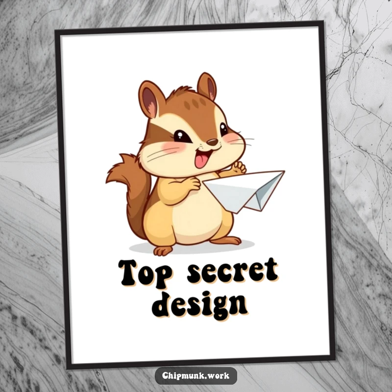 Funny chipmunk poster of an enthusiastic chipmunk proudly presenting a crumpled paper airplane, adding creative flair.