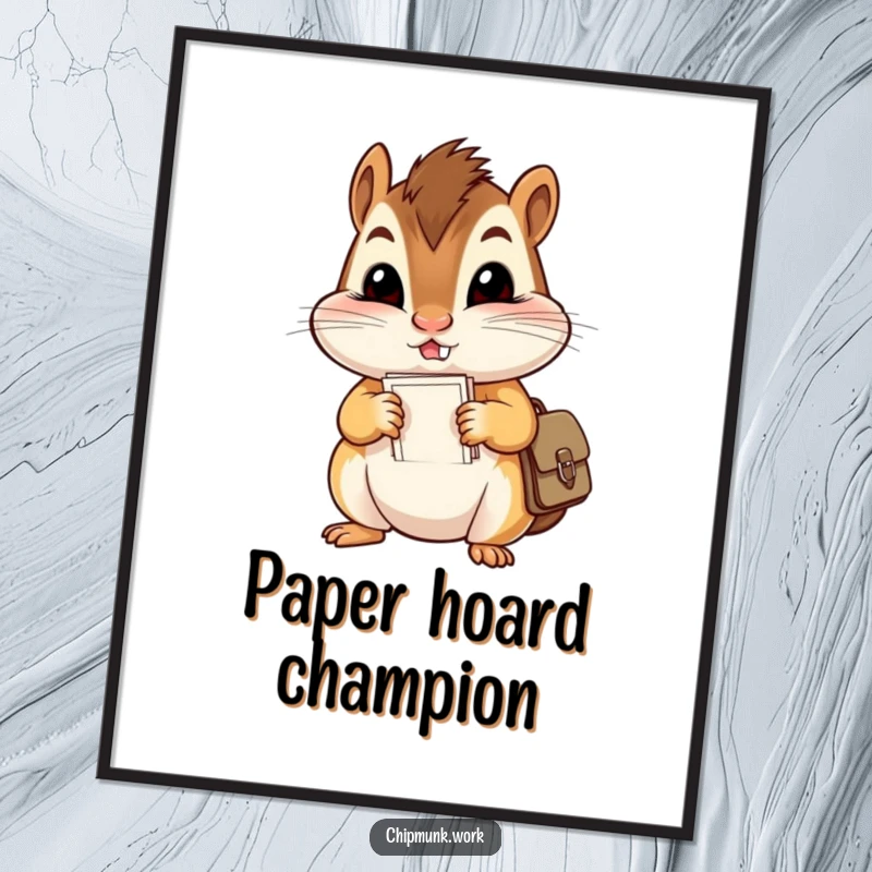 Funny poster featuring a mischievous chipmunk with comically large cheeks stuffing papers into a tiny satchel, creating a humorous scene.