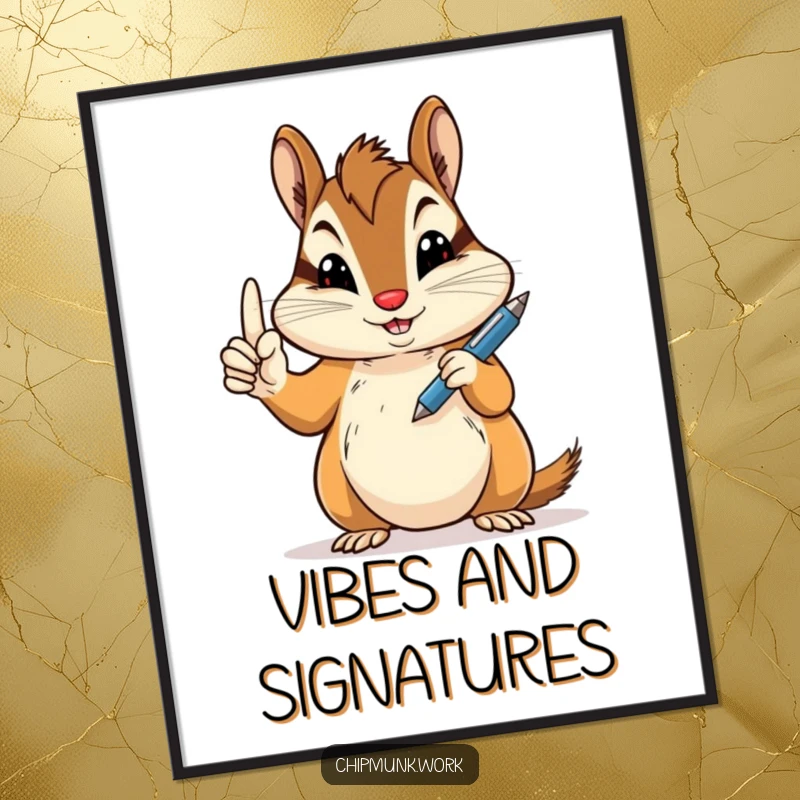 Funny peace sign chipmunk poster showing a chipmunk holding a pen jauntily, a delightful funny gift.