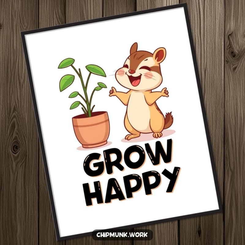Funny chipmunk poster, sharing a hearty laugh with a desk plant, arms outstretched in amusement, a symbol of office camaraderie.