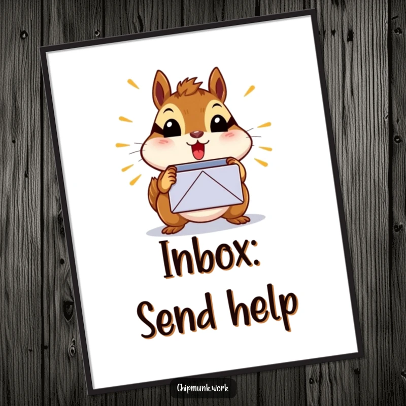 Funny surprised chipmunk poster showing a chipmunk shocked by a bursting inbox icon, a delightful funny gift.