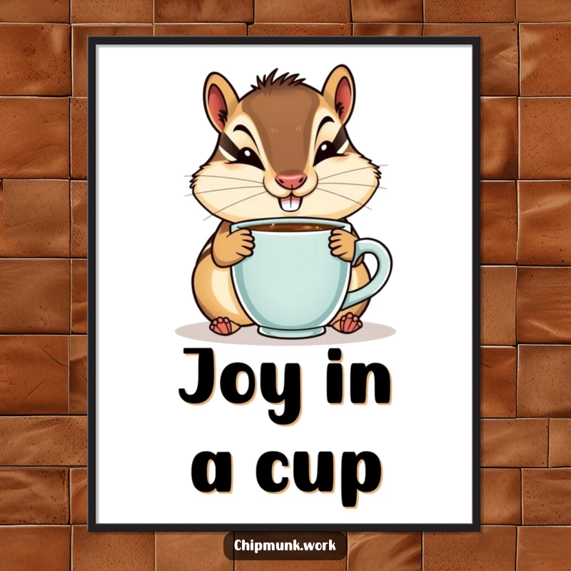 Funny poster of a chipmunk with a goofy smile sipping from a tiny coffee cup, celebrating coffee moments.