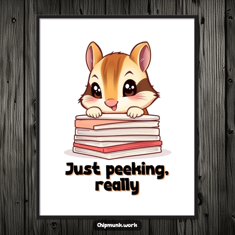 Funny chipmunk poster, a curious animal peeking over a pile of documents with wide eyes.