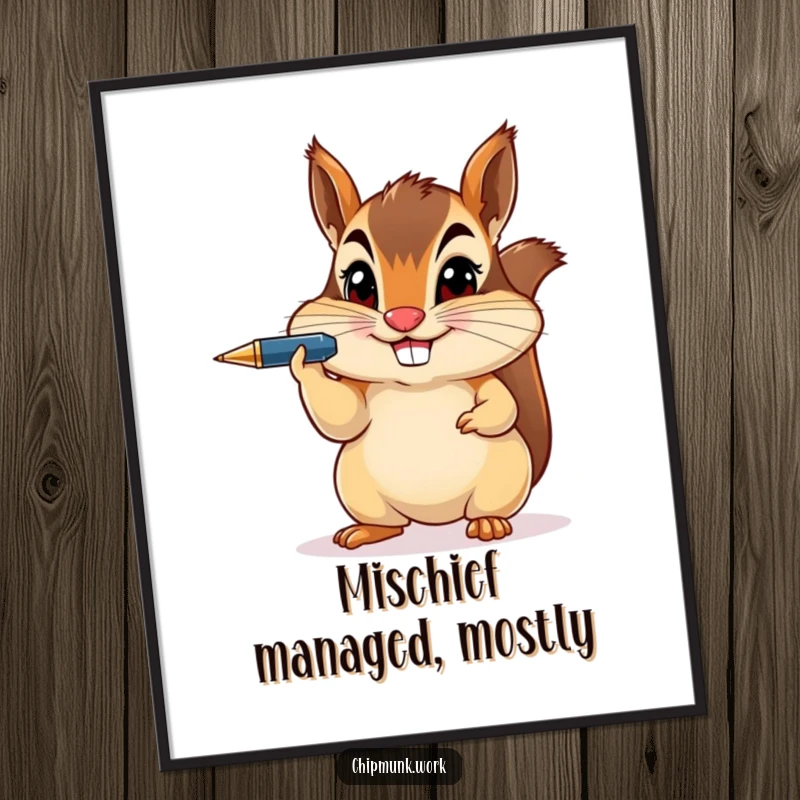 Funny chipmunk's mischievous face as it balances a pen on its nose, displayed as vibrant wall art.