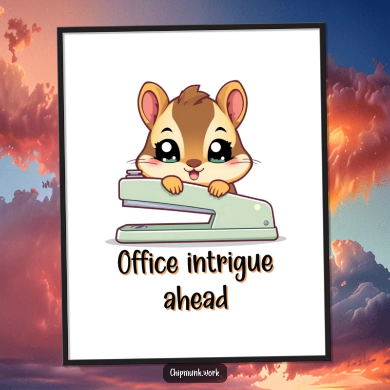 Funny kawaii chipmunk poster showing a small, wide-eyed squirrel peeking curiously from behind a large office stapler.