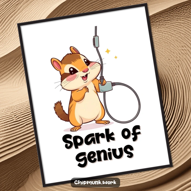Funny poster featuring a chipmunk playfully batting at a dangling electrical cord, depicting curiosity and humor.