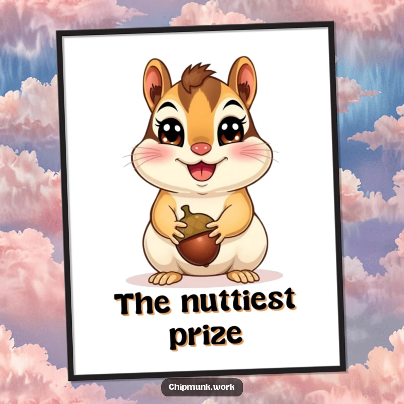 Funny Happy Chipmunk Poster artwork of a cheerful chipmunk presenting an acorn, creating a humorous and heartwarming display for any room, a perfect funny gift.