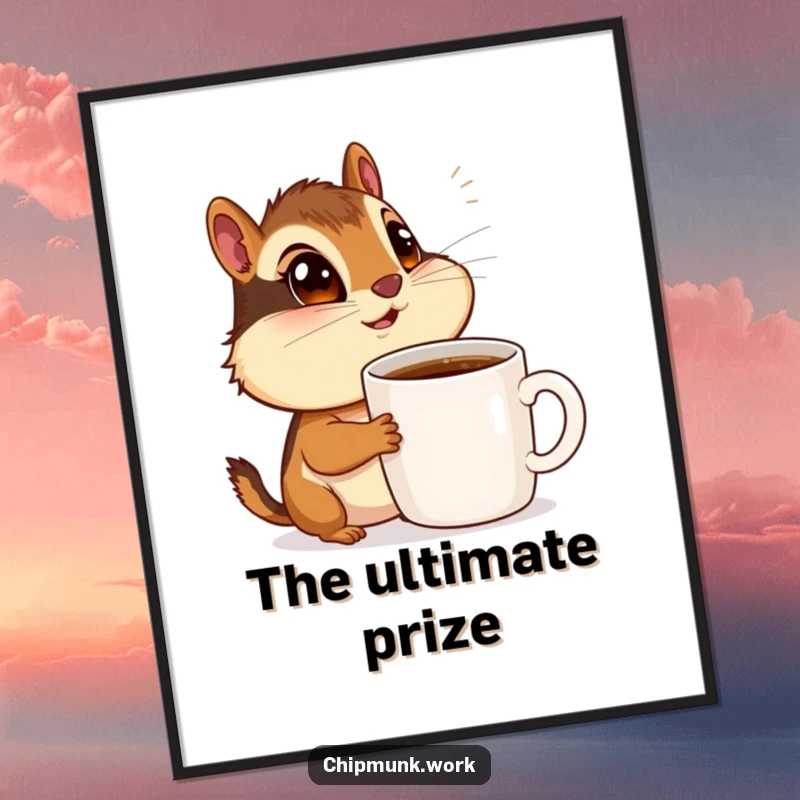 Funny chipmunk with wide eyes looking at a coffee mug, whimsical wall art, perfect for a funny poster.