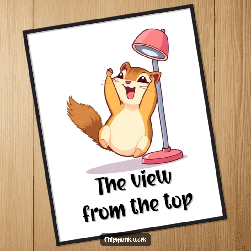 Funny chipmunk poster, hanging upside down from a desk lamp, eyes closed in mirth, giggling uncontrollably.