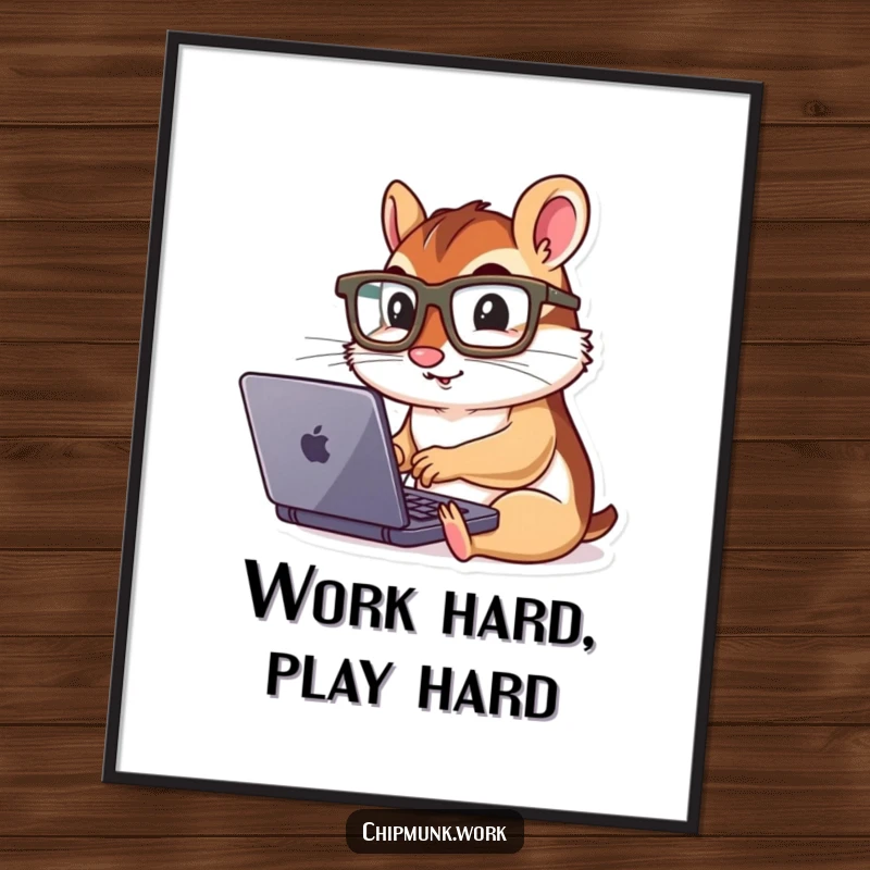 Funny chipmunk furiously typing on a mini laptop, wearing glasses, presented as geeky wall art.