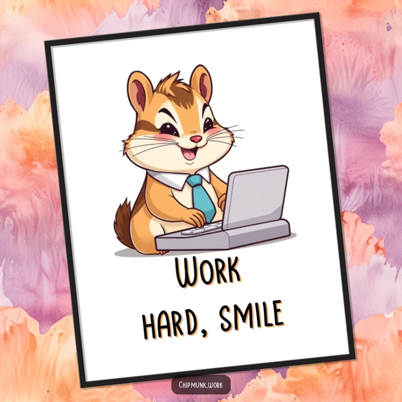Funny Chipmunk Poster: Artistic depiction of a chipmunk in a tiny tie, typing furiously with a smile, office motivation, a funny gift.