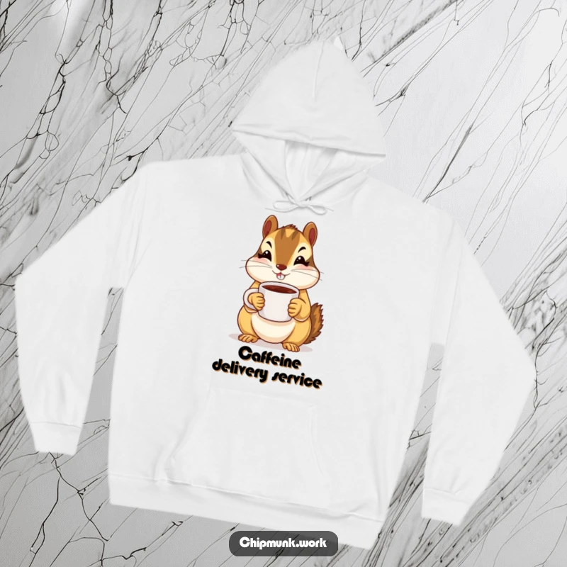 A funny chipmunk offers a tiny coffee mug with both paws, featured on a plush, warm hoodie.