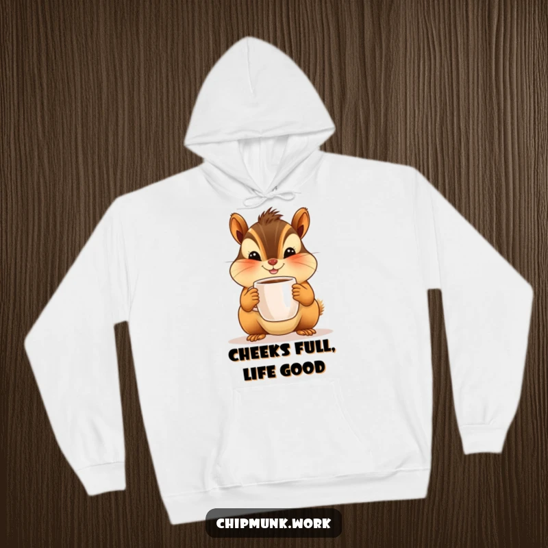 Funny hoodie showcasing a happy chipmunk character with full cheeks offering a miniature coffee mug. Cozy and comical apparel.