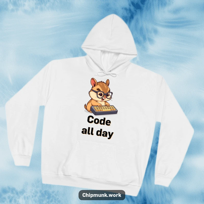 Funny hoodie featuring a chibi chipmunk in glasses, engrossed in furiously typing on a mini keyboard.