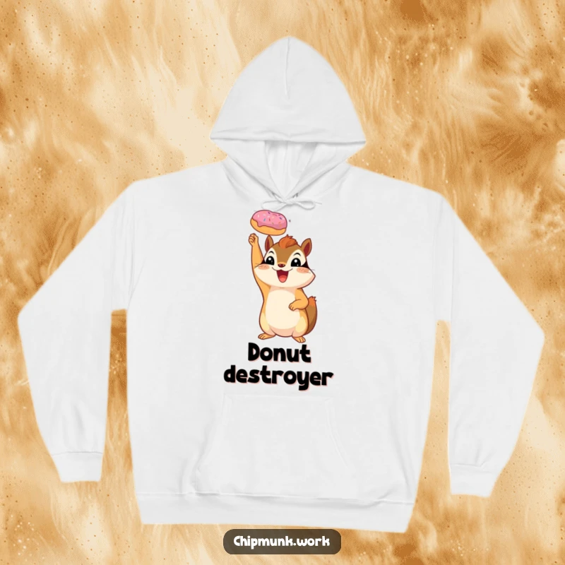 Funny chipmunk hoodie showing a joyful squirrel holding a tiny donut aloft in a gesture of victory.