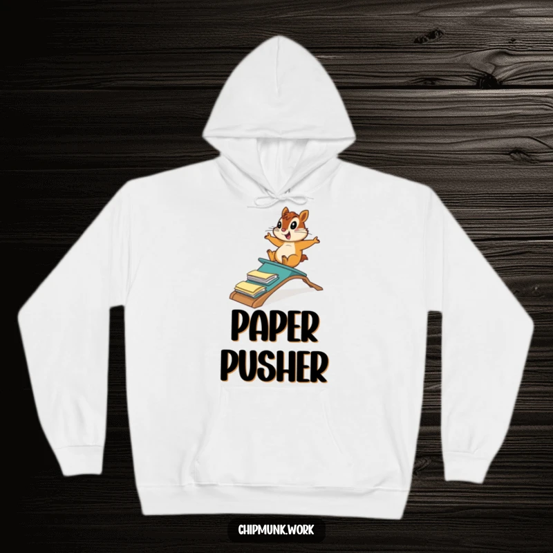 Funny chipmunk sliding down a ramp made of file folders, featured on a cozy hoodie for warm, humorous, and office-themed lounging.