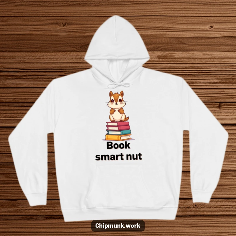 Funny Bookworm Chipmunk Hoodie: Warm hoodie featuring a scholarly chipmunk standing proudly atop a miniature stack of books, perfect for readers.