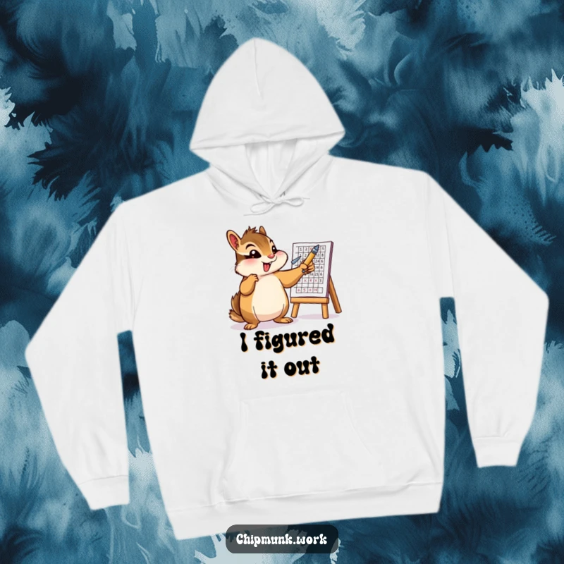 Funny hoodie with an enthusiastic chipmunk character pointing a pen at a chart, suggesting a presentation. Warm and humorous.