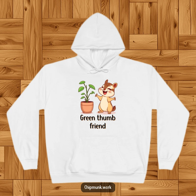 Funny chipmunk hoodie, sharing a laugh with a desk plant, arms outstretched happily, embodying cozy office companionship.