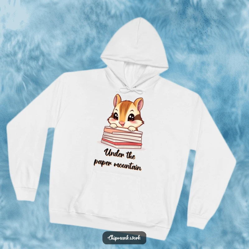 Funny chipmunk hoodie, a curious animal peeking over a stack of papers with big eyes.