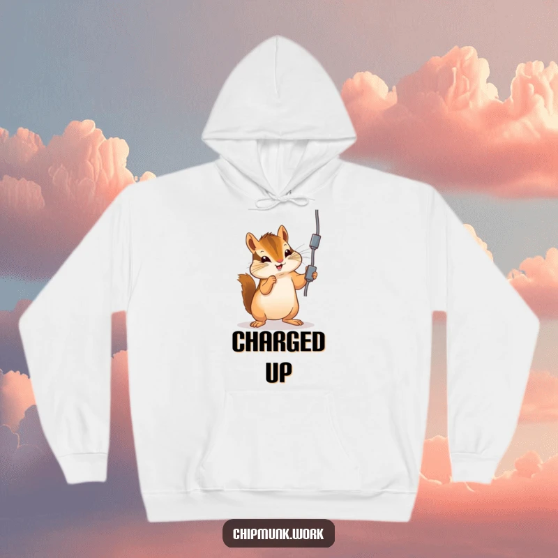 Funny chipmunk hoodie featuring a chipmunk playfully batting at an electrical cord, embodying curious and humorous danger.