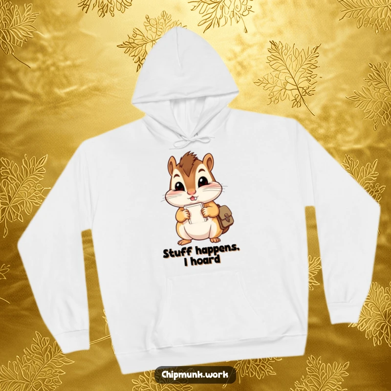 Funny hoodie depicting a mischievous chipmunk with comically large cheeks stuffing papers into a tiny satchel, a cozy and humorous apparel choice.