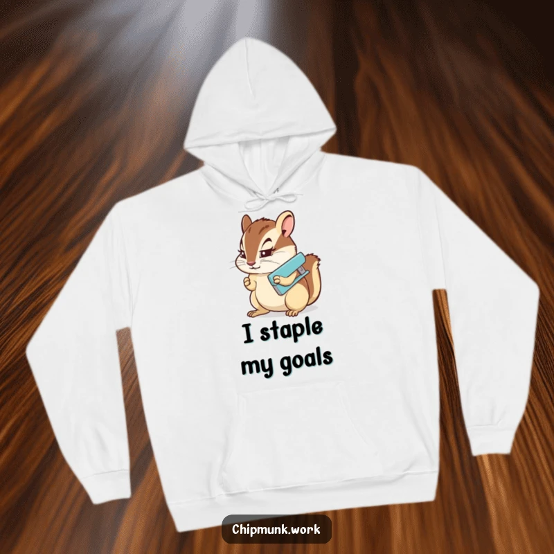 Funny Hoodie: A serious chipmunk determinedly using a miniature stapler, symbolizing focus and completion of tasks.