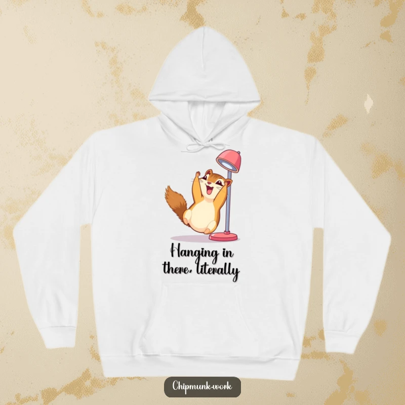 Funny chipmunk hoodie, upside down from a desk lamp, head thrown back in silent, hearty giggles, pure silliness.