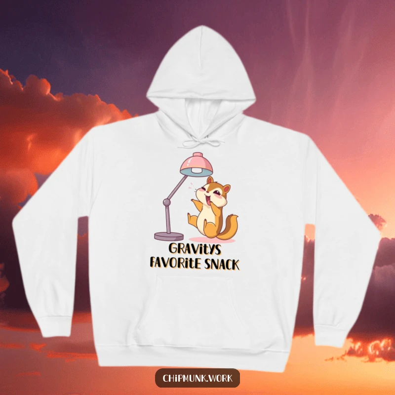 Funny chipmunk hoodie, joyfully sliding down a desk lamp, featuring a hilarious and energetic character.