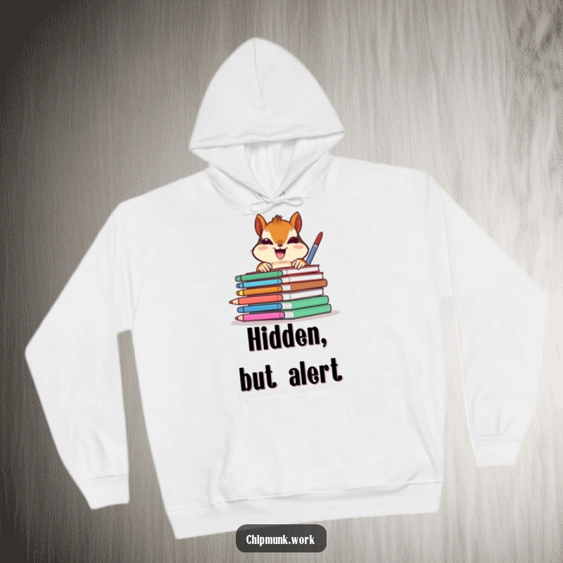 Funny chipmunk gleefully peeking from behind colorful office supplies, a cozy and humorous hoodie for a funny gift.