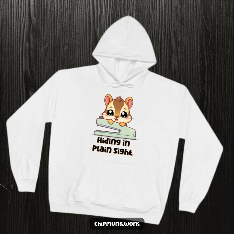 Funny kawaii chipmunk hoodie featuring a shy, cute squirrel with wide eyes peeking from behind a large office stapler.