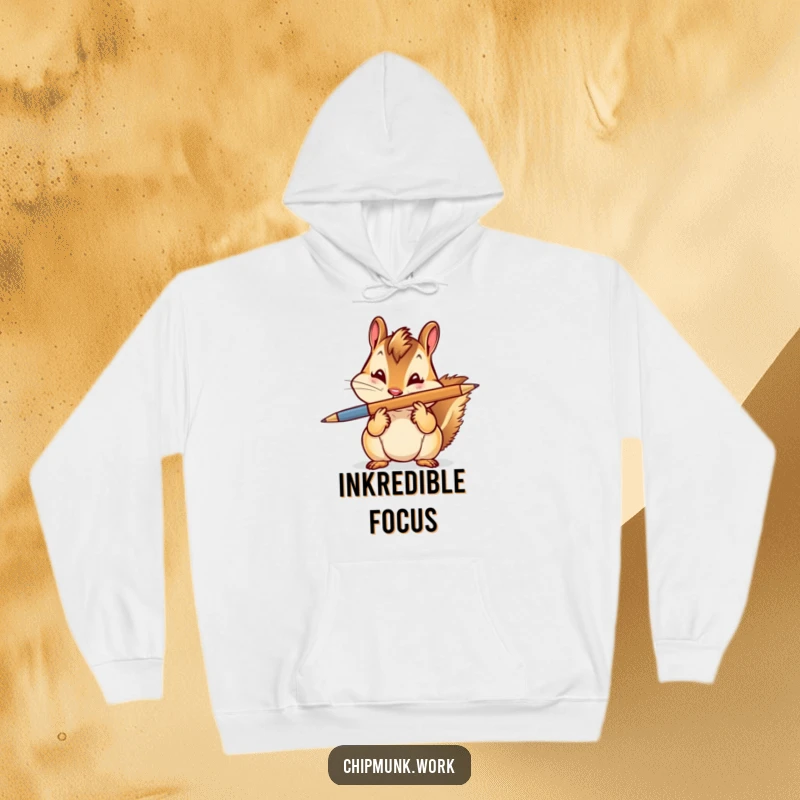 Funny Hoodie: A chipmunk balancing a pen on its nose with a knowing wink, representing playful intelligence and charm.