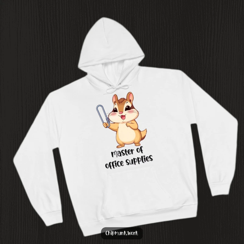 Funny chipmunk triumphantly holding a tiny, oversized paperclip, a cozy and humorous hoodie for a funny gift.