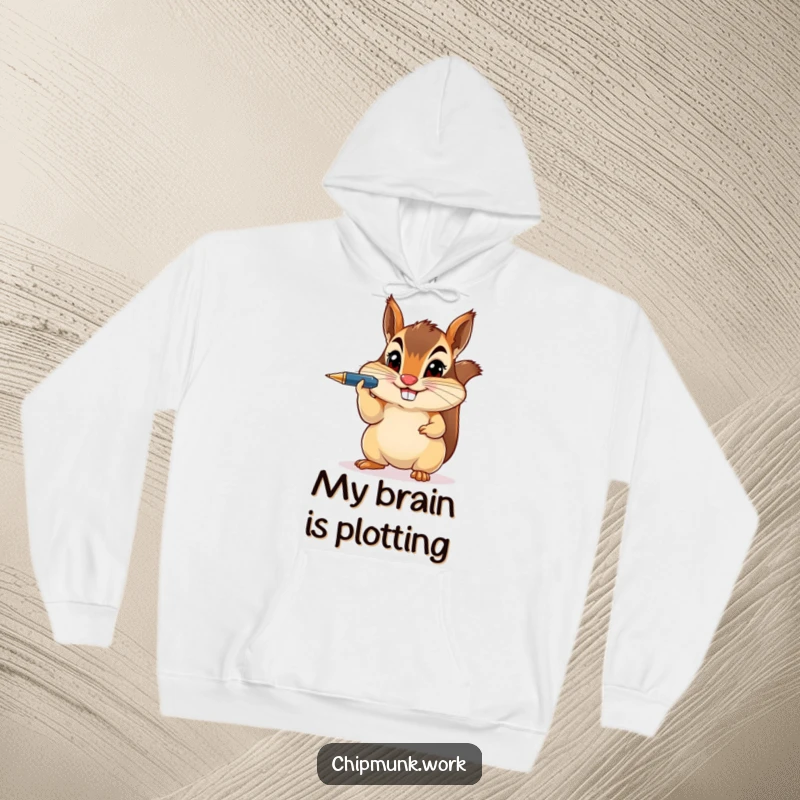 Funny chipmunk balancing a pen on its nose with a mischievous grin, featured on a soft, warm hoodie.