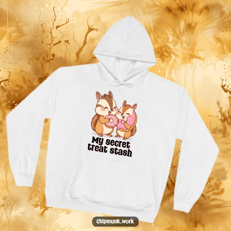 Funny chipmunk winking and sharing a donut with an invisible friend on a cozy hoodie, symbolizing shared joy and playful secrets, a fun gift.