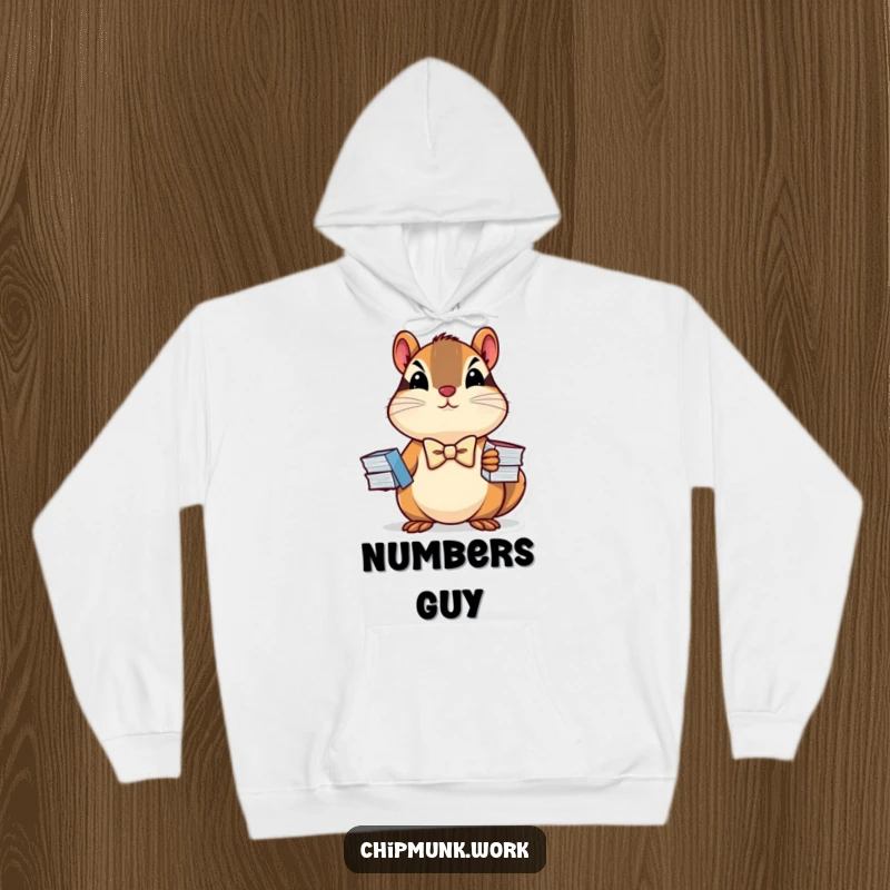 Funny hoodie depicting a determined chipmunk wearing a tiny bowtie and holding business charts, offering warmth and business-themed humor.