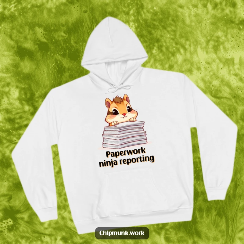 Funny chipmunk hoodie, peeking inquisitively over a messy pile of papers, ideal for cozy work-from-home or office days.