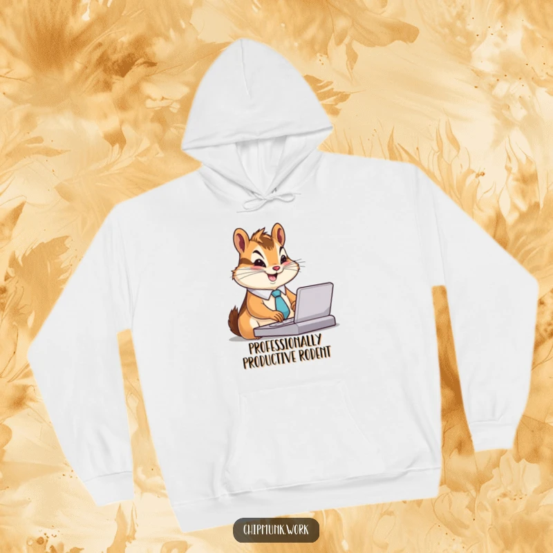 Funny Chipmunk Hoodie: Soft hoodie featuring a chipmunk in a tiny tie, typing furiously with a smile, perfect funny gift for workers.