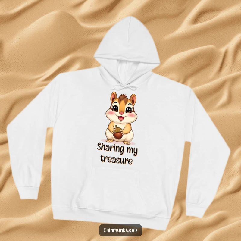 Funny Happy Chipmunk Hoodie depicting a cheerful chipmunk presenting an acorn, offering warmth and a joyful, humorous aesthetic, a great funny gift.
