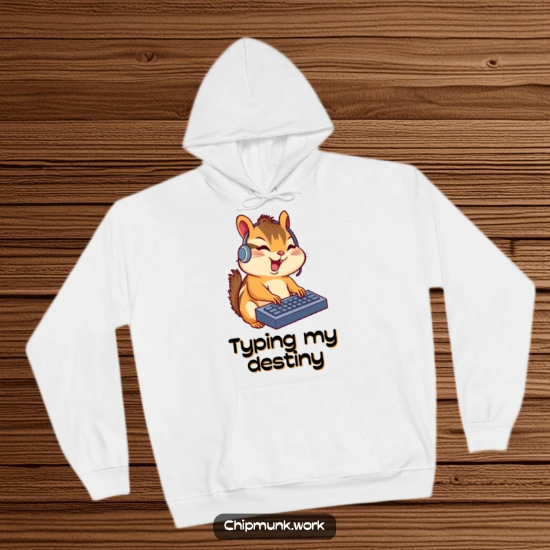 Funny chipmunk wearing a headset, excitedly typing on a miniature keyboard, featured on a comfy hoodie for gamers.