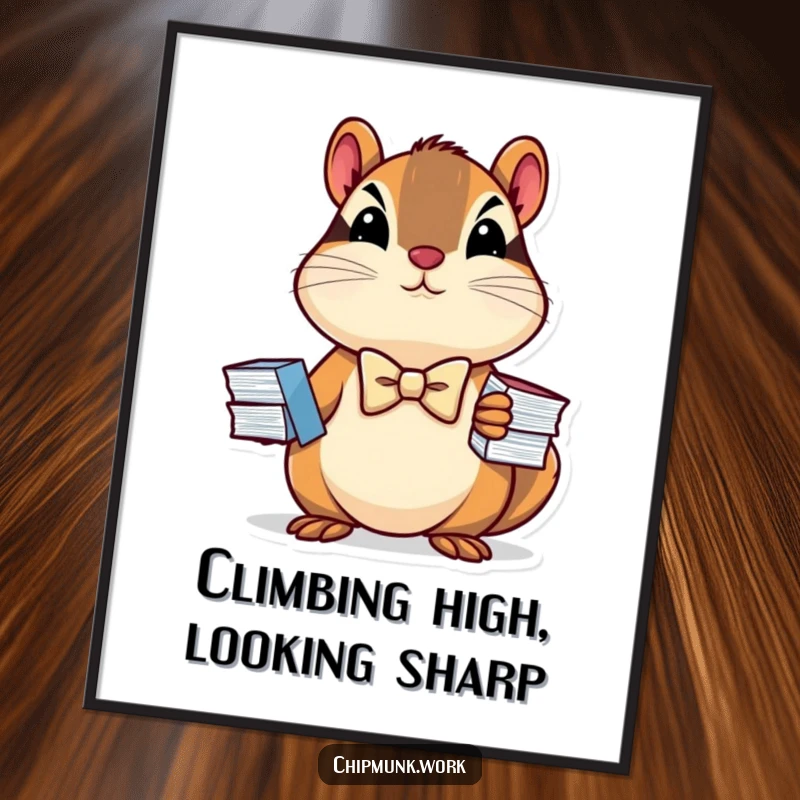 Funny Free Printable Wall Art: A determined chipmunk in a tiny bowtie proudly holds a small stack of charts, exuding intelligence.