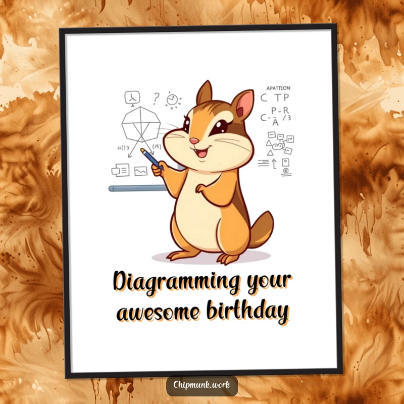 Funny Free Printable Wall Art: Chipmunk pointing enthusiastically at a complex diagram on a whiteboard. Intellectual humor decor.