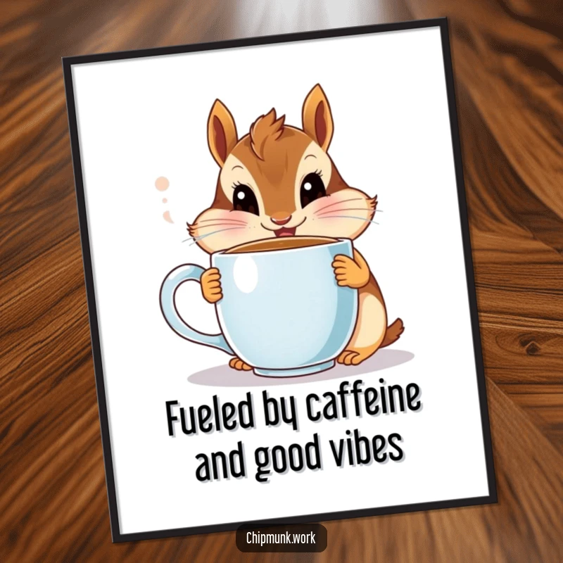 Funny Free Printable Wall Art: A chipmunk with wide, excited eyes enjoys a steaming cup of coffee, bringing morning cheer to your decor.