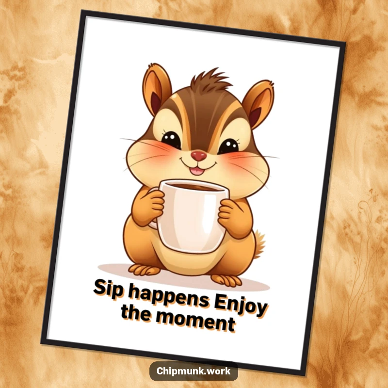 Funny free printable wall art of a chipmunk with plump cheeks offering a tiny coffee mug, radiating pure, coffee-fueled joy.