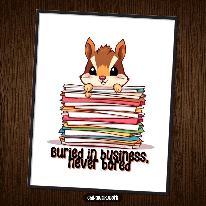 Funny Free Printable Chipmunk Wall Art, peeking over a huge stack of colorful papers, playful curiosity.